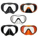 Apeks VX1 diving mask set in black, orange, grey, and white with frameless design and clear lenses.