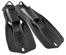 TUSA Travel Right Fins lightweight black scuba diving fins with bungee straps and compact angled blade design.