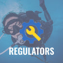 Regulator servicing logo over scuba diver underwater.