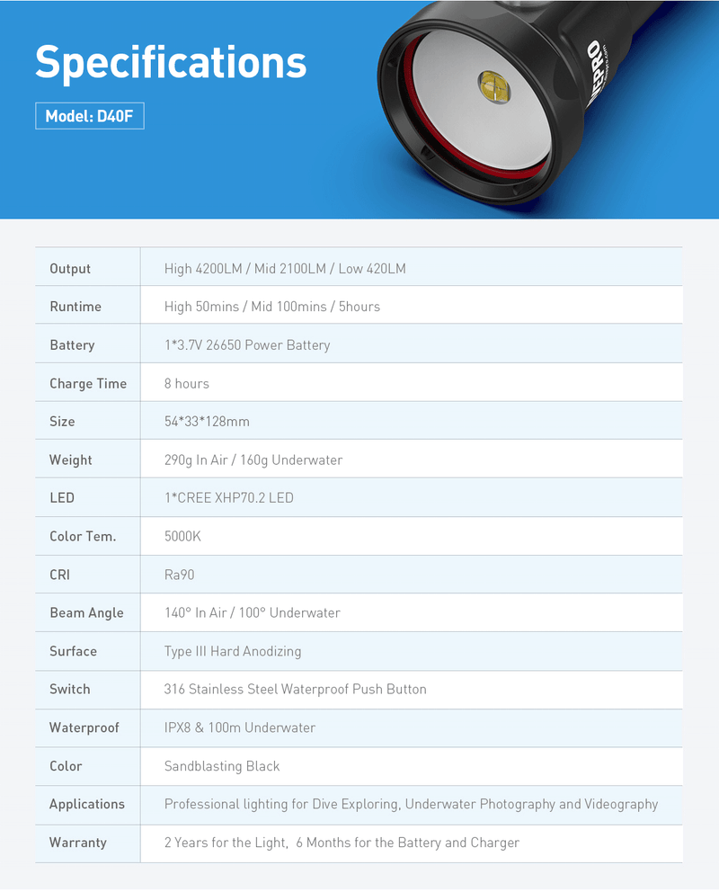 Divepro D40F 4000LM, 26650 power battery, USB charger, Ball mount